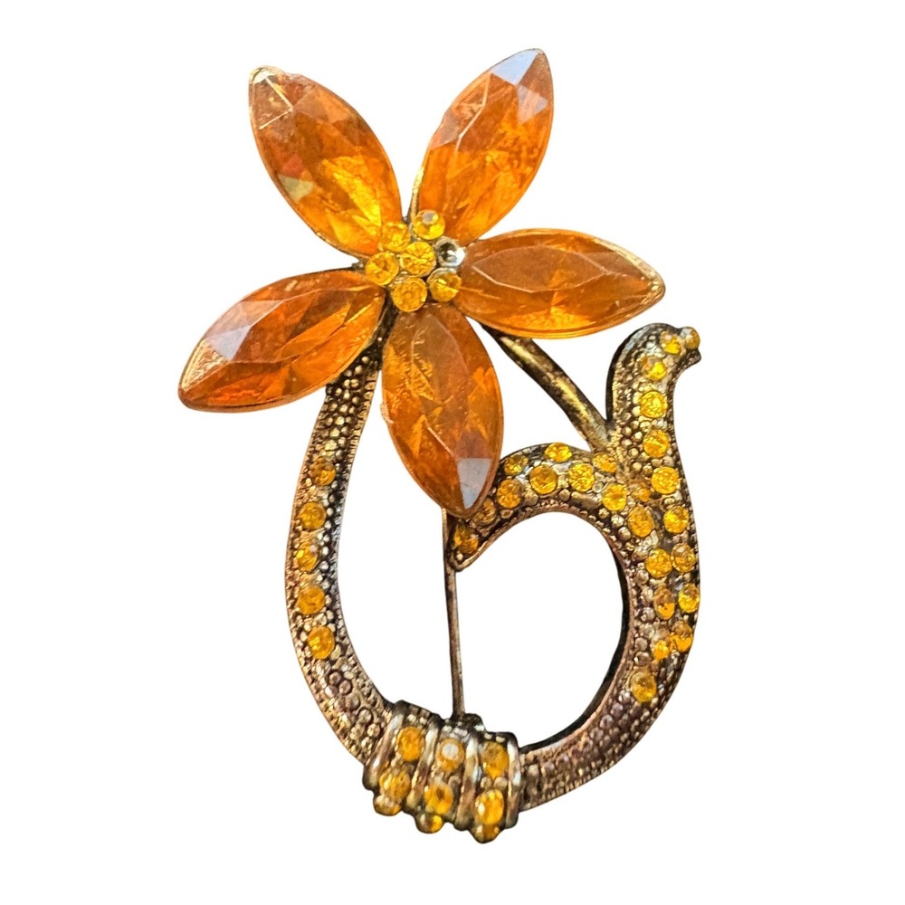 Vintage Amber Flower Brooch Antique Gold Tone Yellow Rhinestone Floral Pin